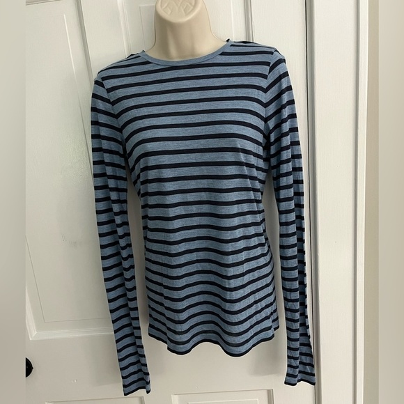 Vince Tee Long Sleeve Boat Neck Jersey Knit Striped Navy Blue Size Small Preppy - Picture 2 of 7